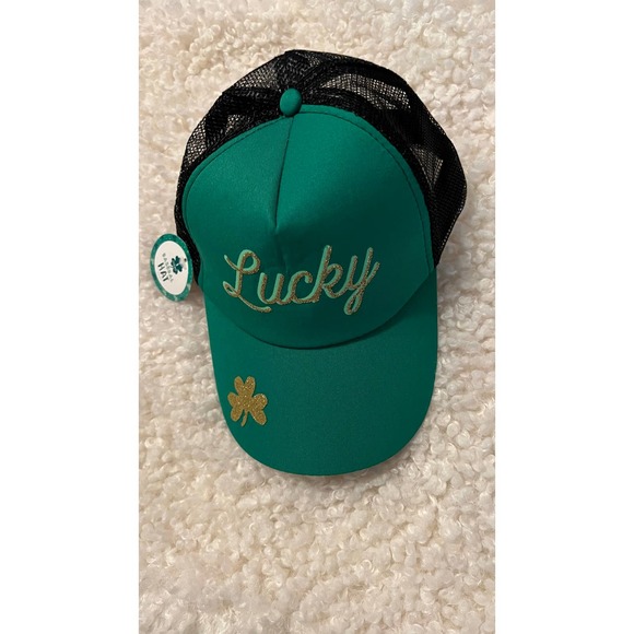 Lucky Green Baseball Cap with Shamrock on the Visor and Mesh back.  Adjustble - Picture 1 of 10